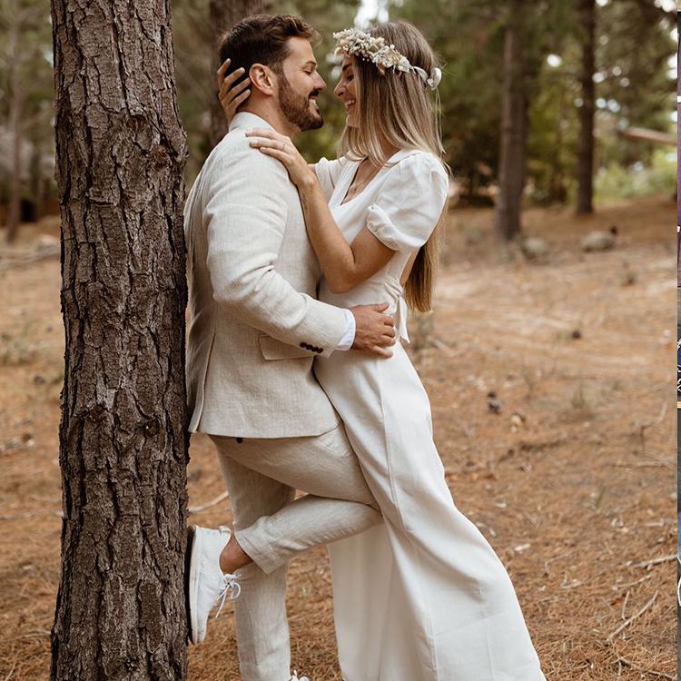 A couple in the forest, the groom wearing a natural linen wedding suit